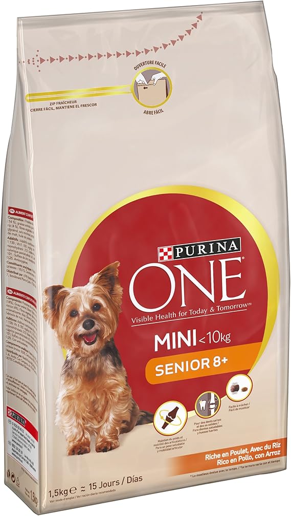 Purina One Mini Senior Riche en Poulet, Avec du Riz 1,5kg Croquettes pour Chiens de Petite
