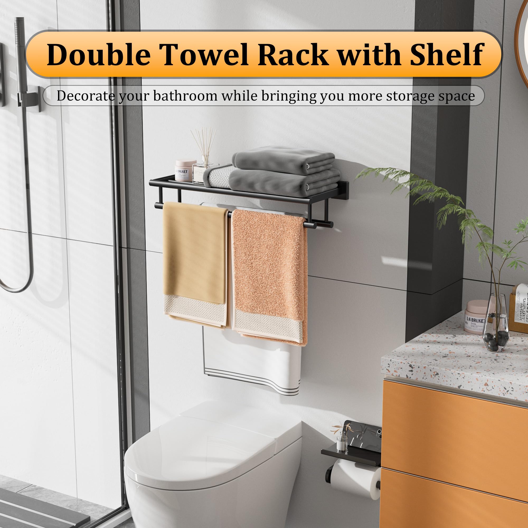 BUVELOT Les Series 24-Inch Double Towel Bar – Modern Square Wall Mount, Matte Black, Stainless Steel Towel Rack For Bathroom