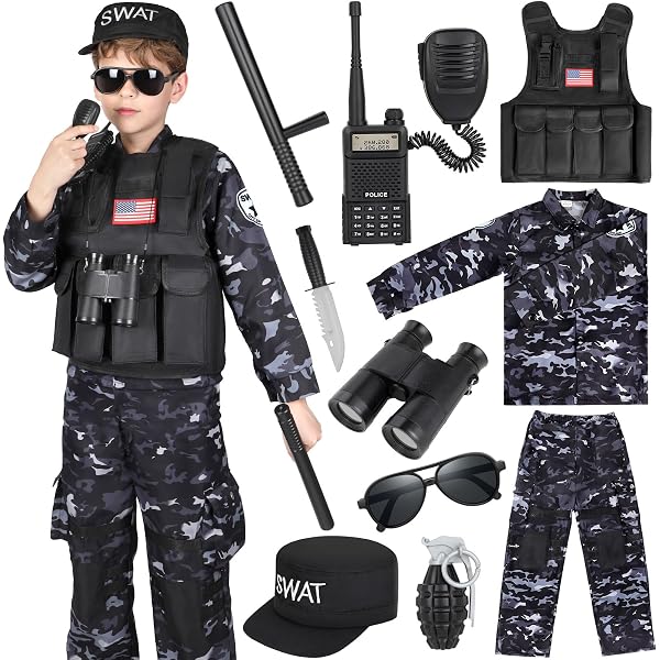 Tactipro Ensemble de soldat de police pour enfants avec casque SWAT comprenant une lampe torche amovible, une lunette LED mégaphone, un pistolet à Tactipro Ensemble de soldat de police pour enfants avec casque SWAT comprenant une lampe torche amovible, une lunette LED mégaphone, un pistolet à