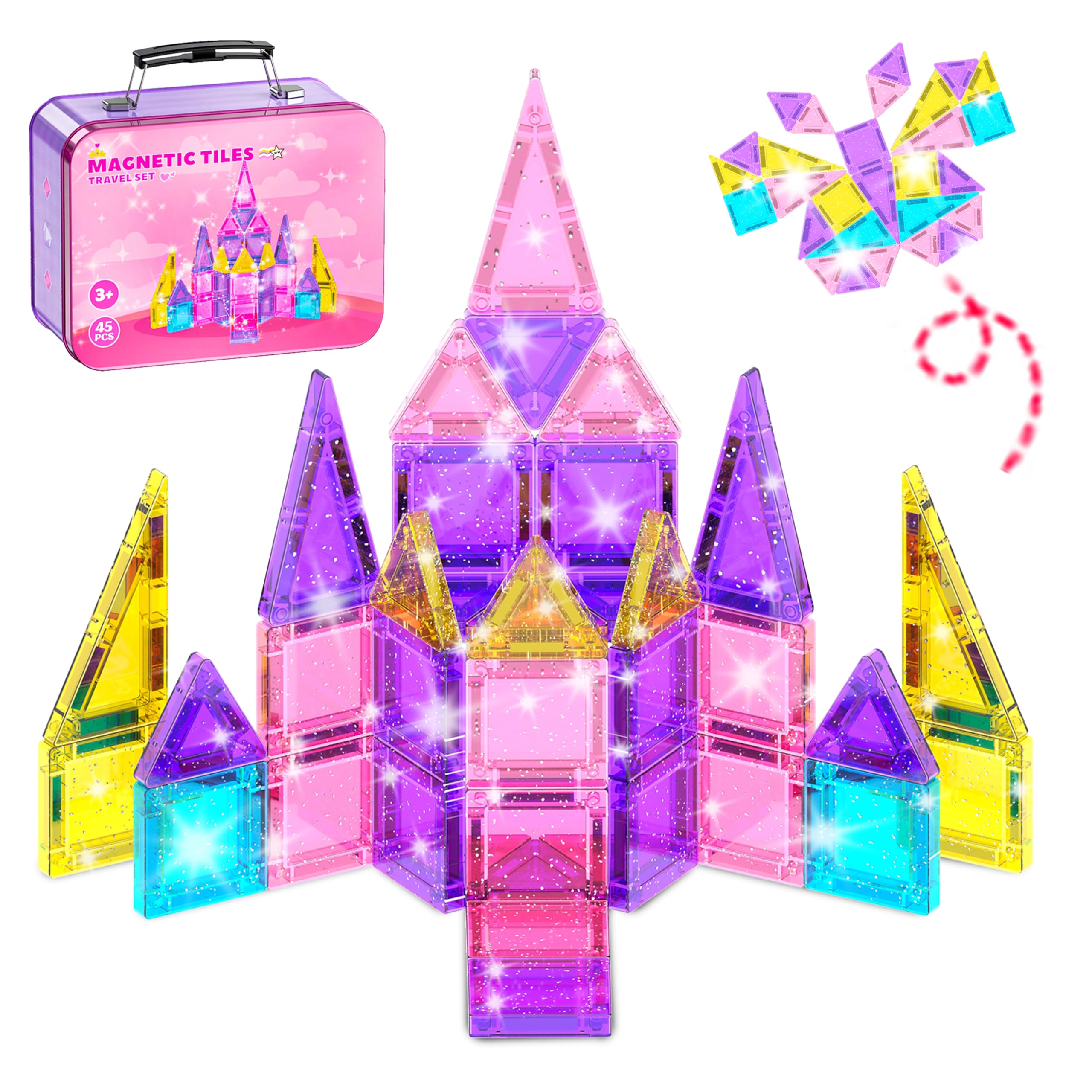 45 Pcs Mini Magnetic Tiles Travel Set, Magnetic Travel Games for Kids with Glitter & Carry Handle, Magnet Building Tiles & Storage Tin, Travel Toys for 3 4 5 6 Year Old Boys and Girls
