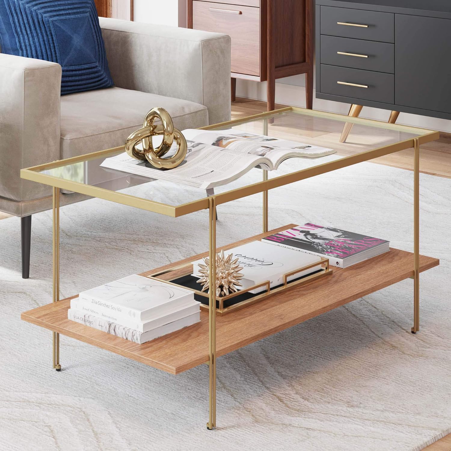 Nathan James Asher Mid-Century Rectangle Coffee Table Glass Top and Rustic Oak Storage Shelf with Sleek Brass Metal Legs, Gold: Furniture & Decor