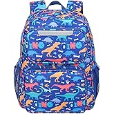 BrainyBees Kids Backpack for Boys Kindergarten - 15 Inch Lightweight School Bookbag fits Folder, Dinosaur Backpack for Kids 4-7 with Chest Strap & Insulated Pocket, Blue
