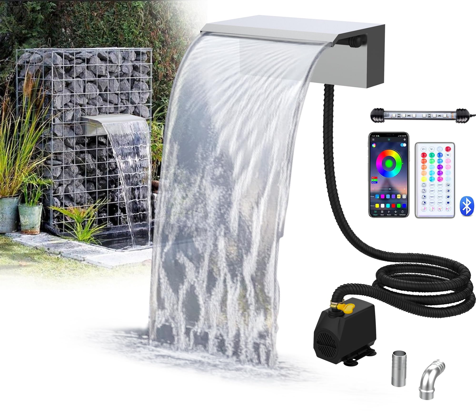 Photo 1 of Stainless Steel Waterfall Spillway, APP Control Multi-Color LED Light Outdoor Pool Fountain, Water Spillway Koi Pond Waterfalls Fountains Kit for Garden Patio Swimming Pool Decoration-11.8"