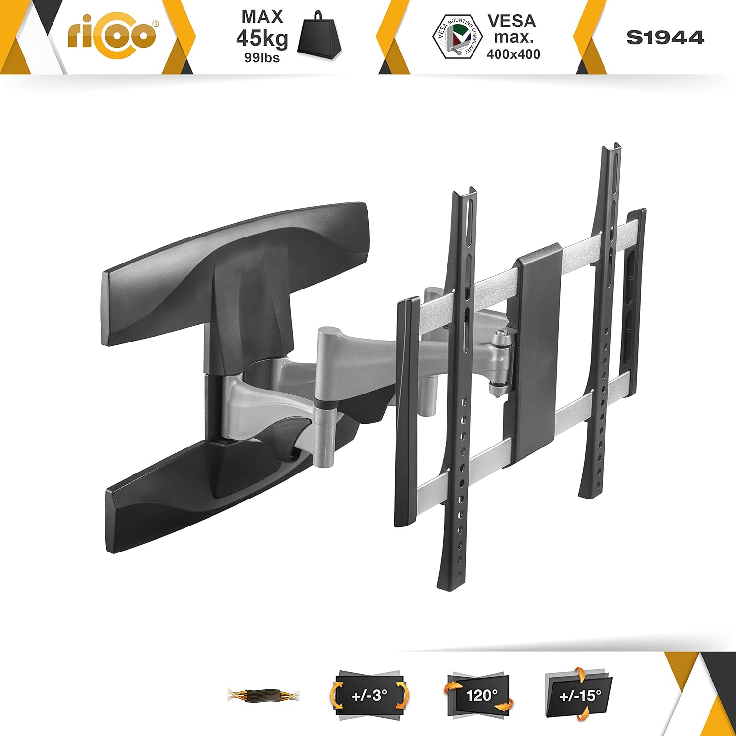 RICOO TV Bracket Tilt Swivel approx 40-65 Inch for LED LCD OLED Curved and Flatscreens S1944 Wall Mount Universal for VESA 200x200-400x400 - Image 3