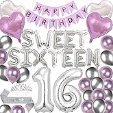 16th Birthday Party Decorations Sweet 16 Party Balloons Sixteen Birthday Silver Tiara Sash Happy Birthday Banner for 16 Year Old Girls Bday Party Supplies