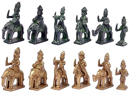 Metal Brass RAJSTHANI (AMBAWADI) Chess Figures, Antique Showpiece Decorative Gift Item (Yellow Antique & Black Green Antique)