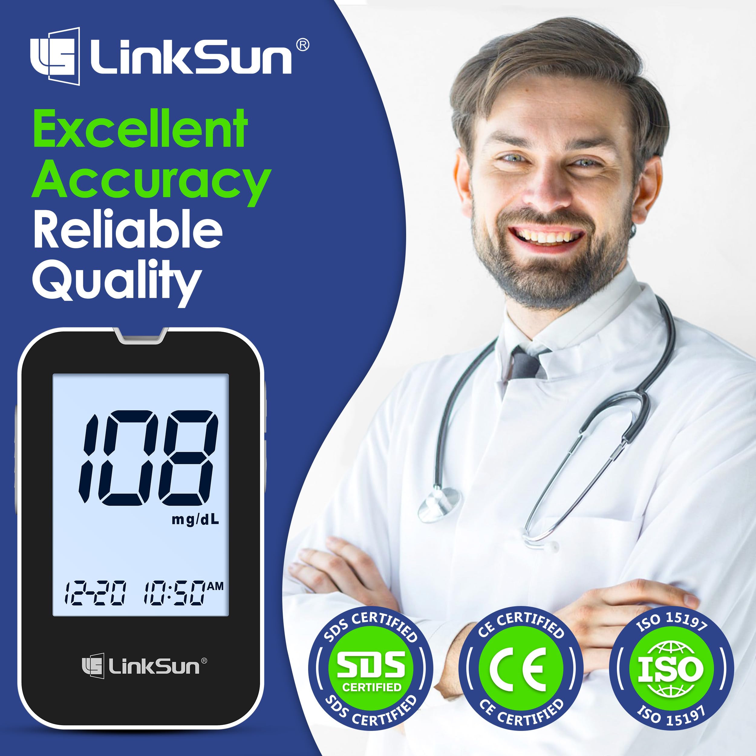 LinkSun G-425-2V Blood Glucose Monitor Kit, 100 Test Strips, 100 Lancets, High Accuracy Blood Sugar Monitor, Lancing Device, Control Solution & Travel Diabetic Organizer Bag, Large Display, No Coding