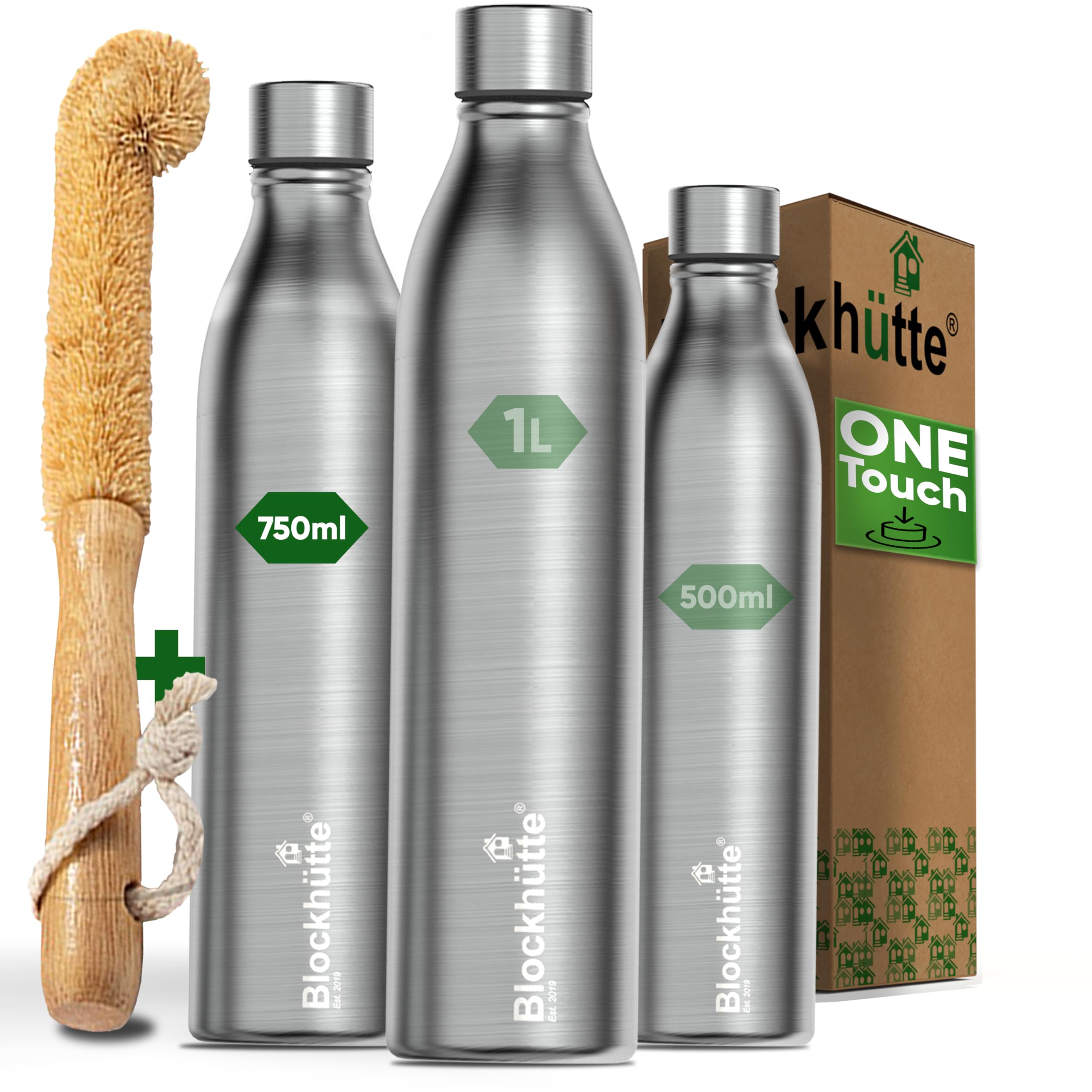 Blockhütte Stainless Steel Water Bottle Sports with One Touch Lid I 750ml Insulated Water Bottle Leakproof with Brush I 13h Hot, 25h Cold Drinks I Ideal BPA Free Metal Gym, Outdoor Waterbottle