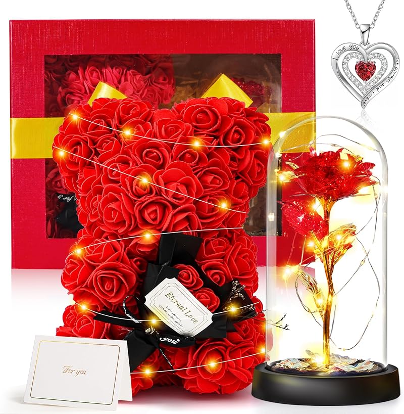 Touloube Mother's Day Rose Bear Gift Set with Necklace & Galaxy Rose