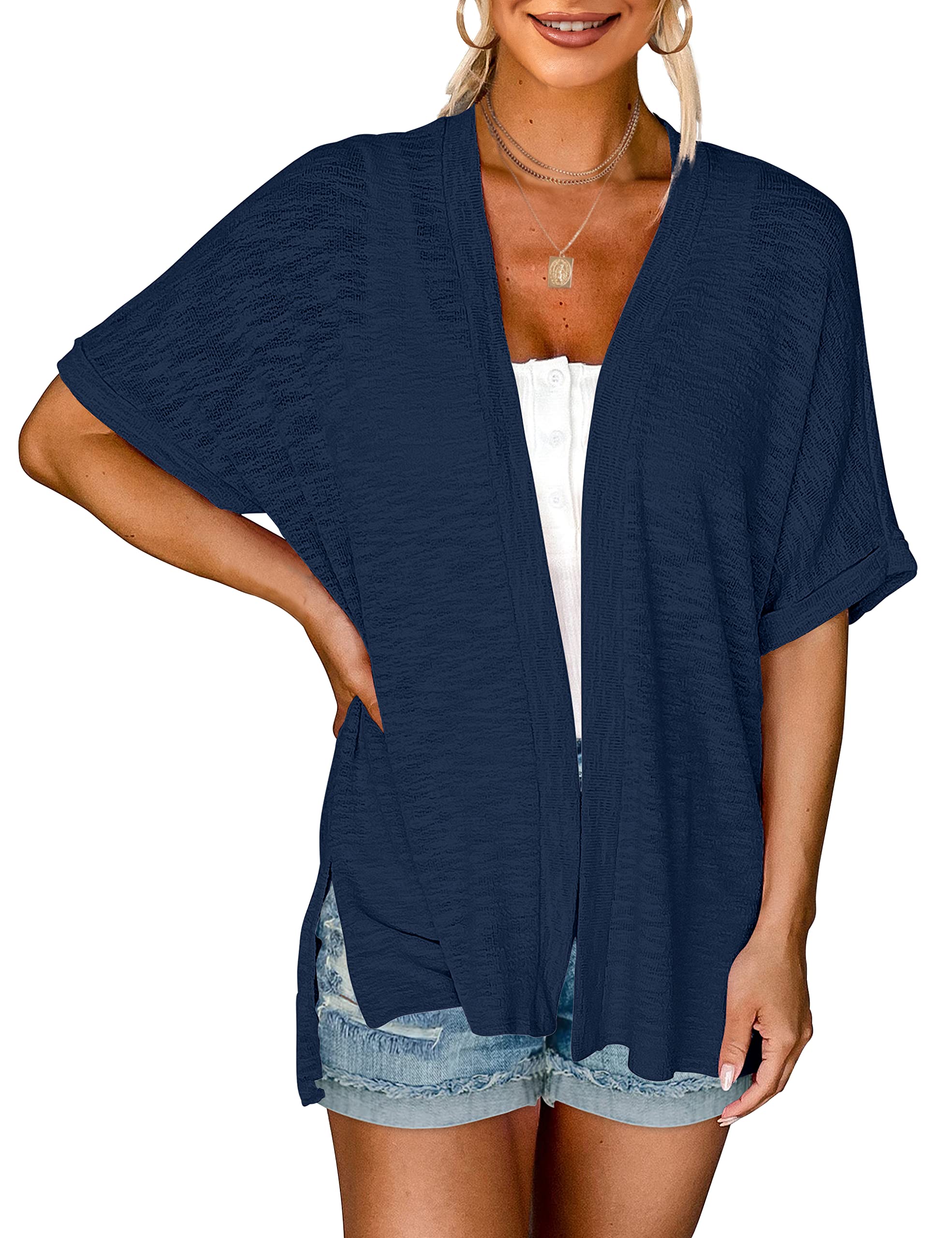 Photo 1 of MEROKEETY Womens 2025 Summer Lightweight Cardigan Short Sleeve Open Front Casual Loose Cover Ups,Navy,S