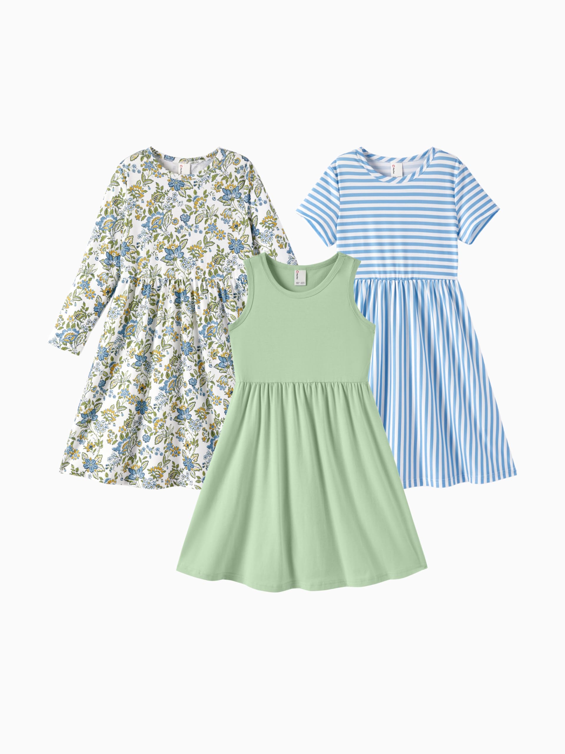 PATPAT Girls' Multipack Dresses – Comfy and Cute All Year, Green Stripe, 10-11 Years Image