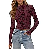 MASCOMODA Mesh Long Sleeve Tops for Women 2025 Trendy Mock Neck Crop Going Out Fitted Floral Shirts Fall Fashion Clothing
