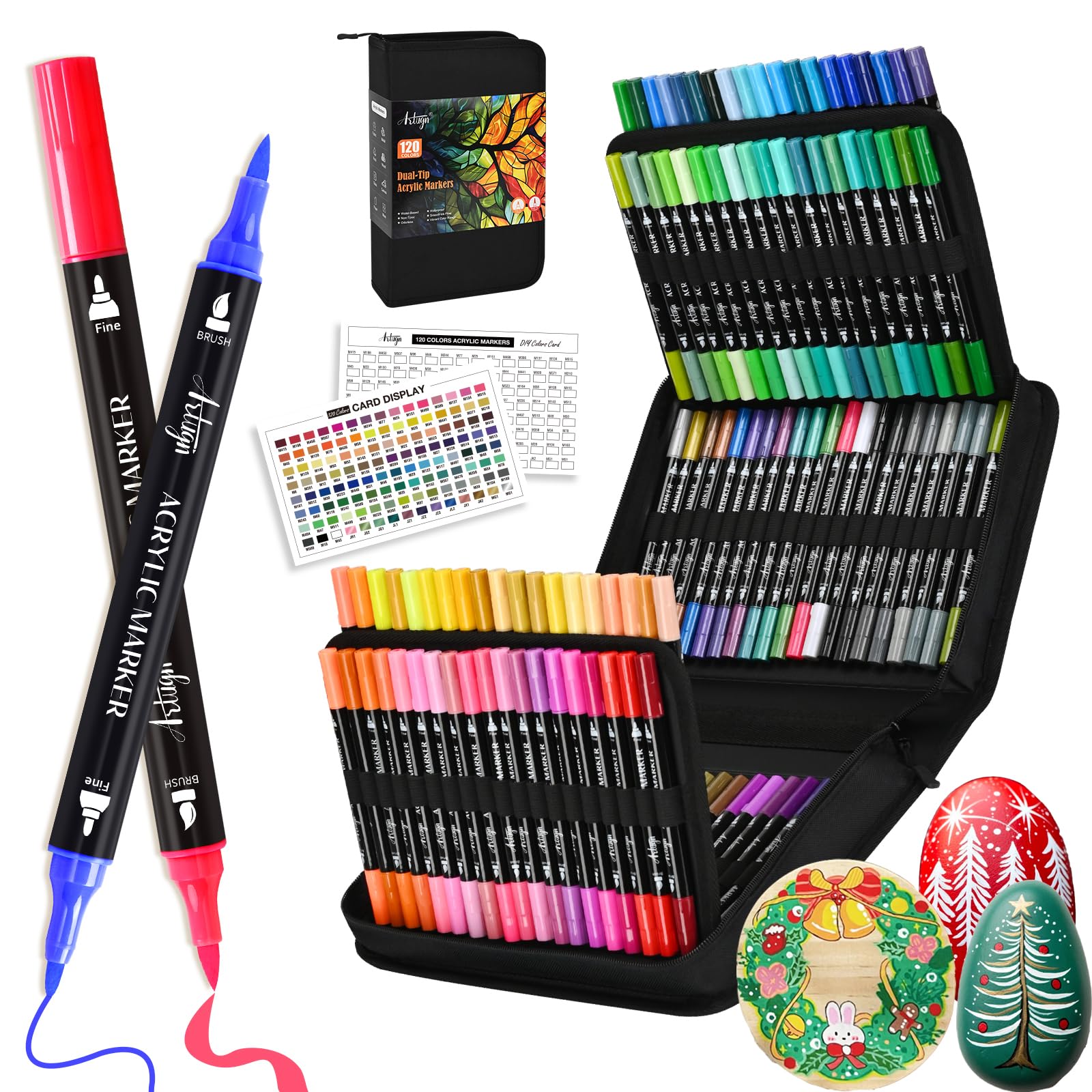 120 Colors Acrylic Paint Pens, Dual Tip Markers With Fine and Brush Tip for Rock Painting, Wood, Plastic, Calligraphy, Scrapbooking, Brush Lettering, Card Making, DIY Crafts, Easter Basket Stuffers Image