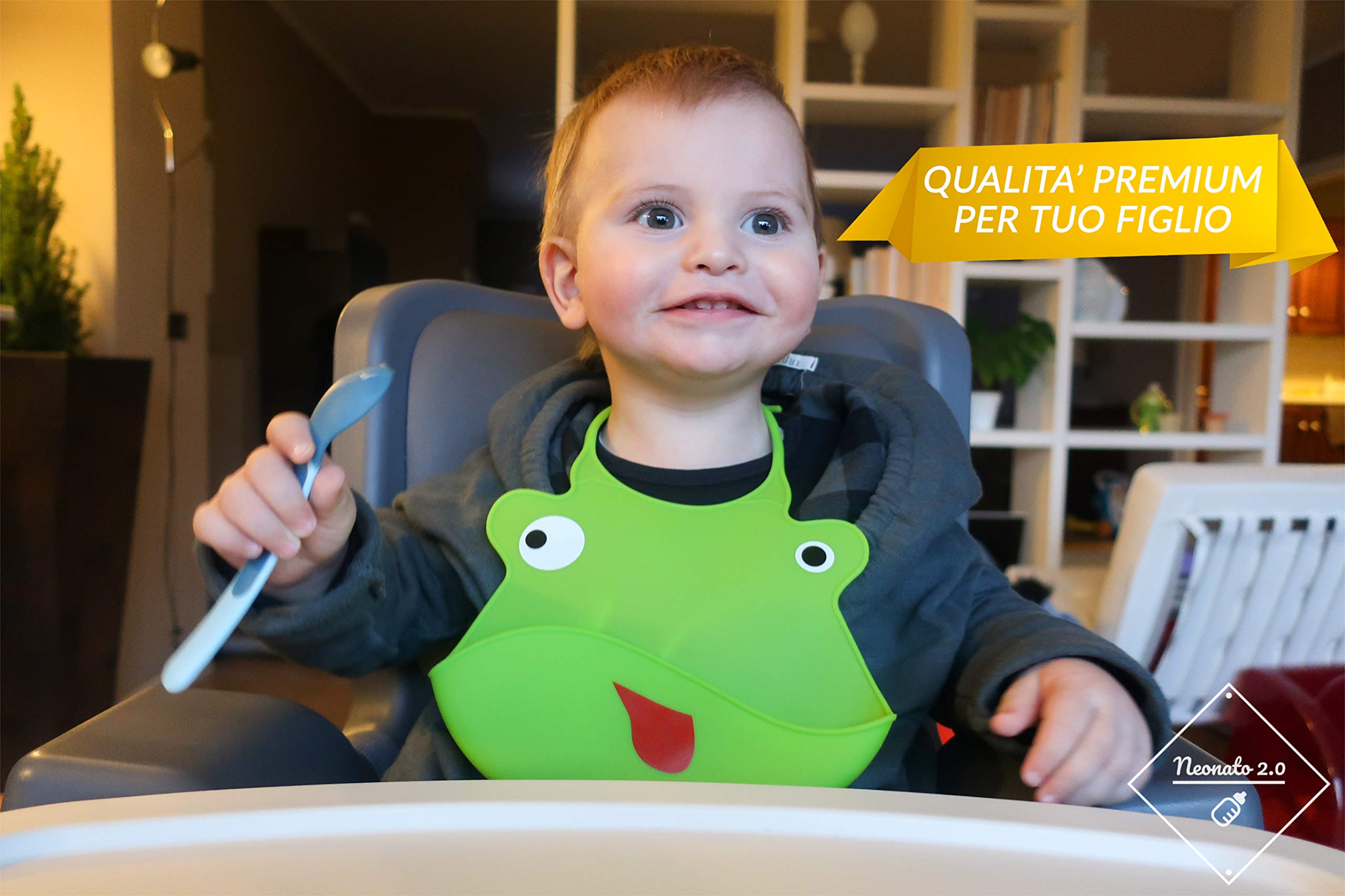 Bavaglini Neonato in Silicone Morbido con Tasca Raccogli Briciole e Pappa - Bavaglini Impermeabili per Asilo, Lavabili ed Inodori - Set 2 Bavette Neonato 2.0 Per Bambino e Bambina (Verde/Azzurro)