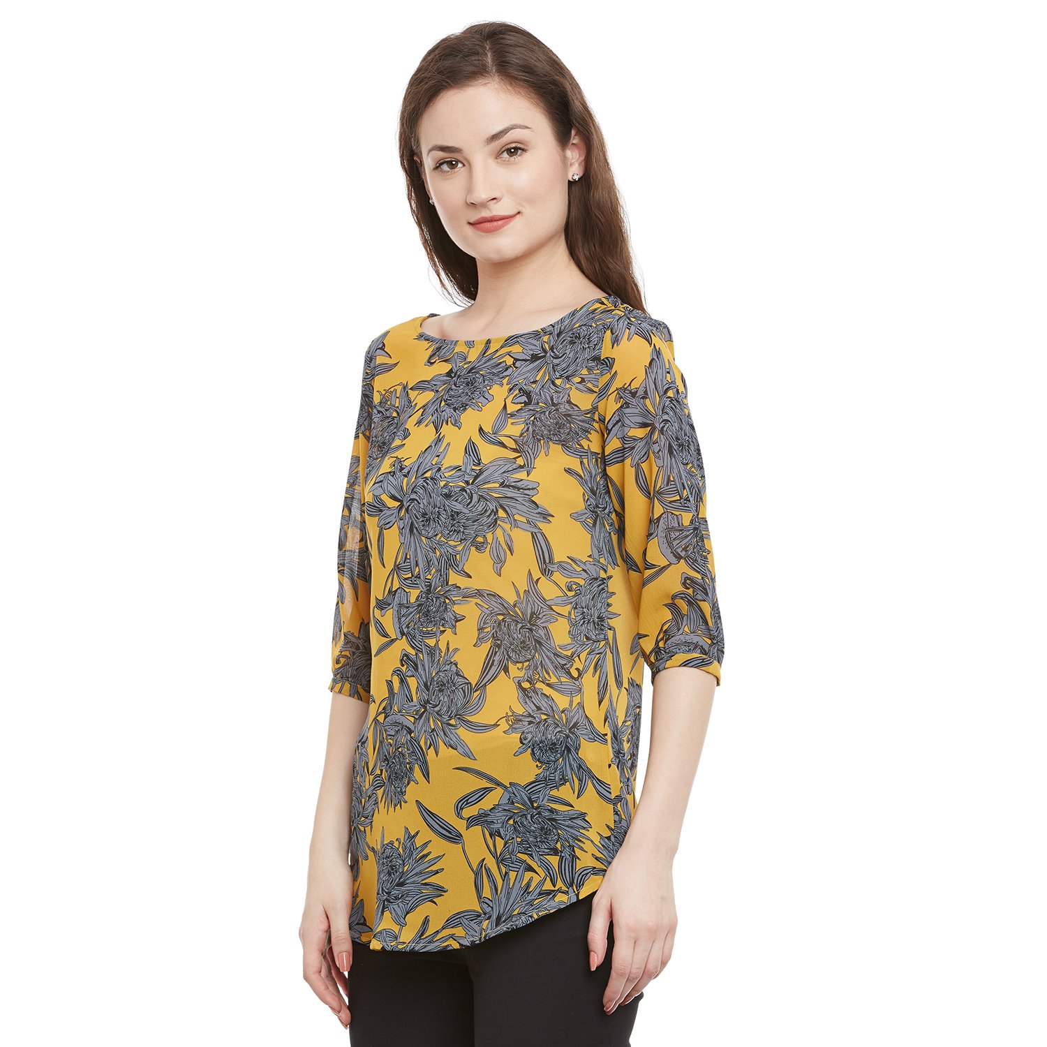 ruhaan's women's crepe mustard and grey floral printed top (bs_7066)