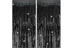 K.E.J. Tinsel Curtain Backdrop Black Birthday Party Decorations 2 Packs Glitter Foil Fringe Curtain Party Decor Streamers Photo Booth for Birthday Christmas Wedding Halloween Graduation Decorations