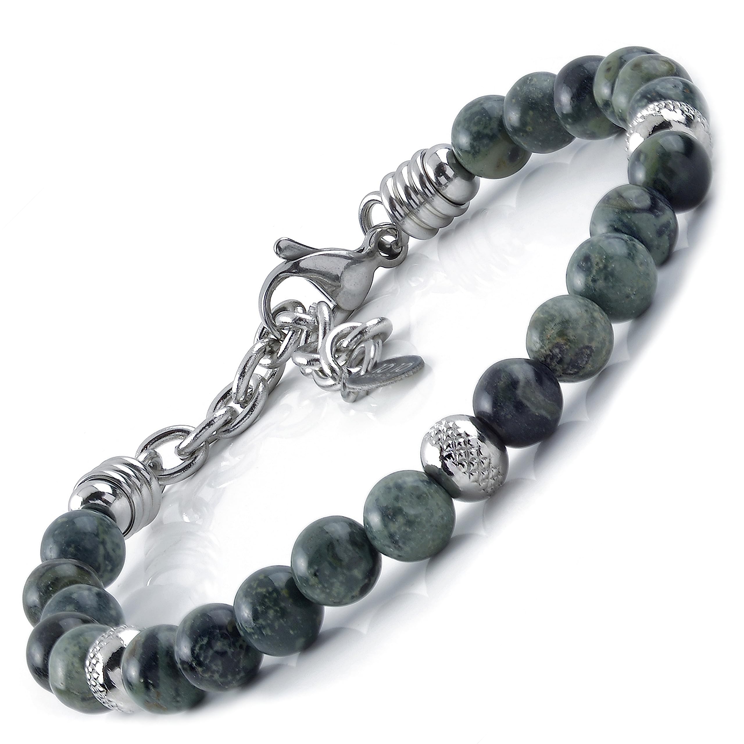 10:10 Jewels Men's and Women's Bracelet with 0,25 inch Natural Green Kambakka Jasper Stones, Male or Female Bracelet with Diamond Beads in Stainless Steel and Very Resistant, Made in Italy
