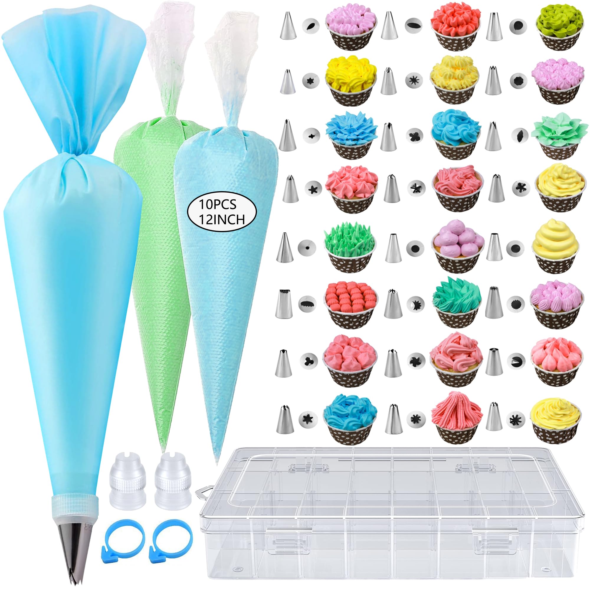 GZMAISULEE 40PCS Piping Bags and Tips Set 12 Inch Pastry Bags Cakes Decorating Kit Supplies, 10 Icing Bags Disposable with 1 Reusable Piping Bags, 24 Frosting Tips, 2 Couplers, 1 Storage Box
