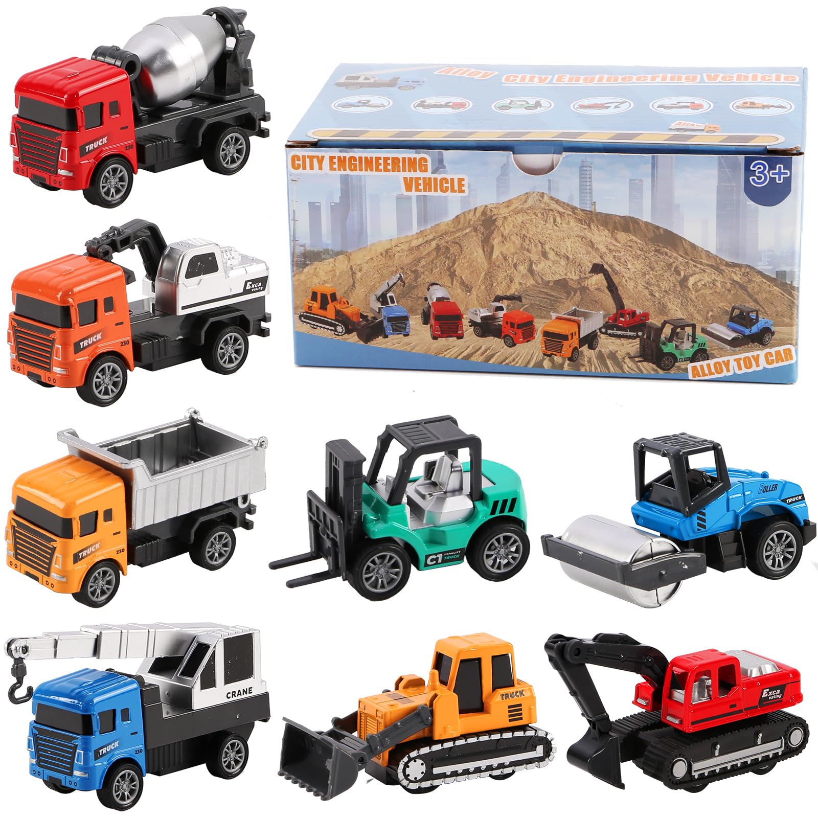 8-in-1 Mini Die Cast Alloy Construction Vehicle Set, Pull Back Toy Cars for 3 4 5 Year Old Boys Girls, Outdoor Boys Girls Toys, Ideal Gift for Birthday Party Favors & Christmas Stocking Stuffers​
