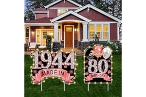 PUYRUIV 2Pcs Rose Gold 80th Birthday Yard Sign Decoration with String Lights for Women,Happy 80th Birthday Made in 1944 Lawn Sign Party Supplies, Eighty Year Old Birthday with Lights Yard Decor with Stakes