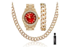 ICEDTAG Iced Out 44MM Colorful Dial Gold Plated Big Diamond Roman Numeral Watch, Full Icy Cuban Link 18 Inch Necklace Chain, Bracelet Luxury Bling Gift Set