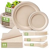 Gezond Compostable Paper Plates Set 300 Pieces Disposable Plates 10-inch Eco-friendly Paper Plates Heavy-duty Utensils and Napkins for Party, Made From Sugarcane Pulp