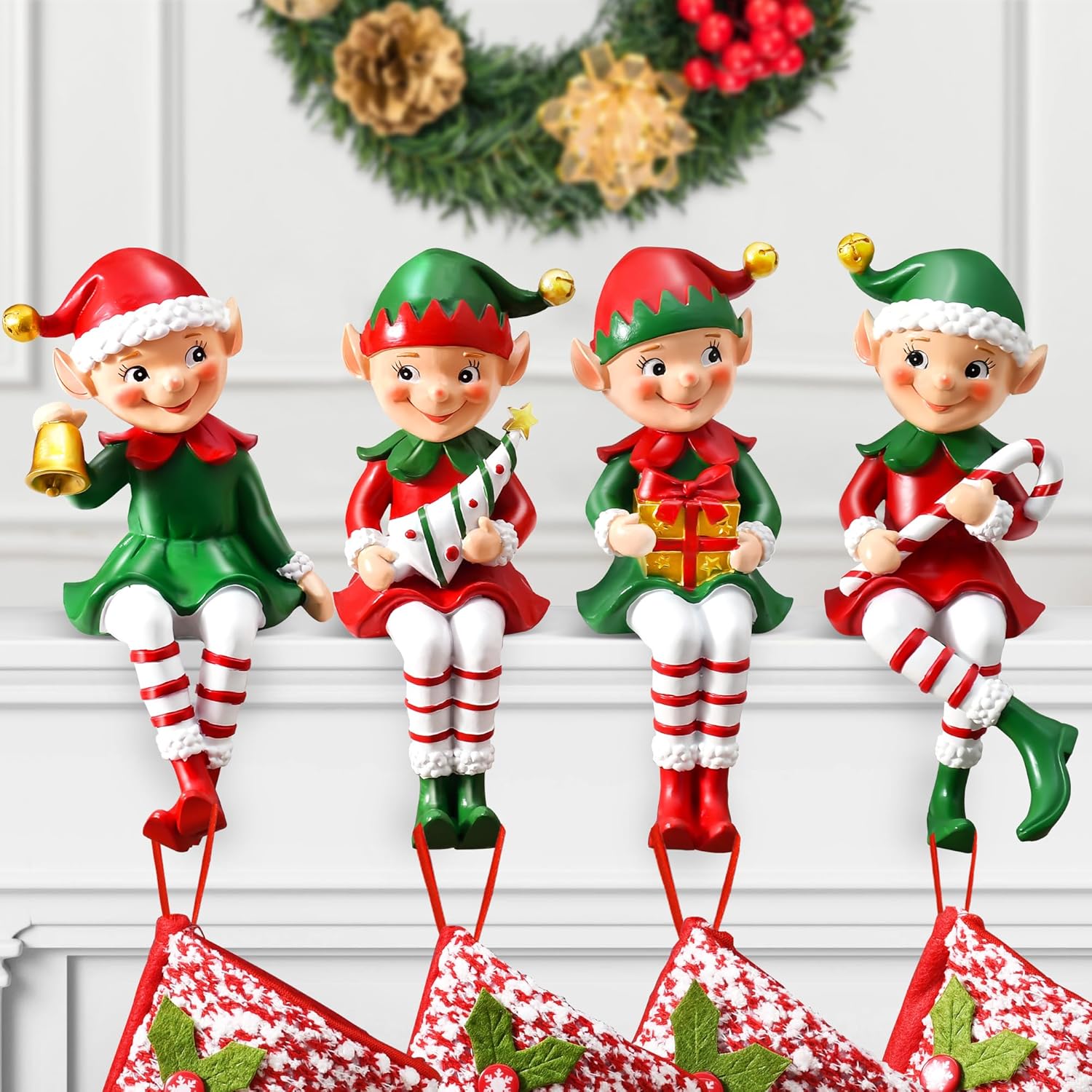 Stockings & Holders - Christmas Stocking Holder for Mantle Set of 4, Christmas Elf Stocking Hangers for Mantel Fireplace, Non-Slip Hand-Painted Stocking Holders for Christmas Decorations