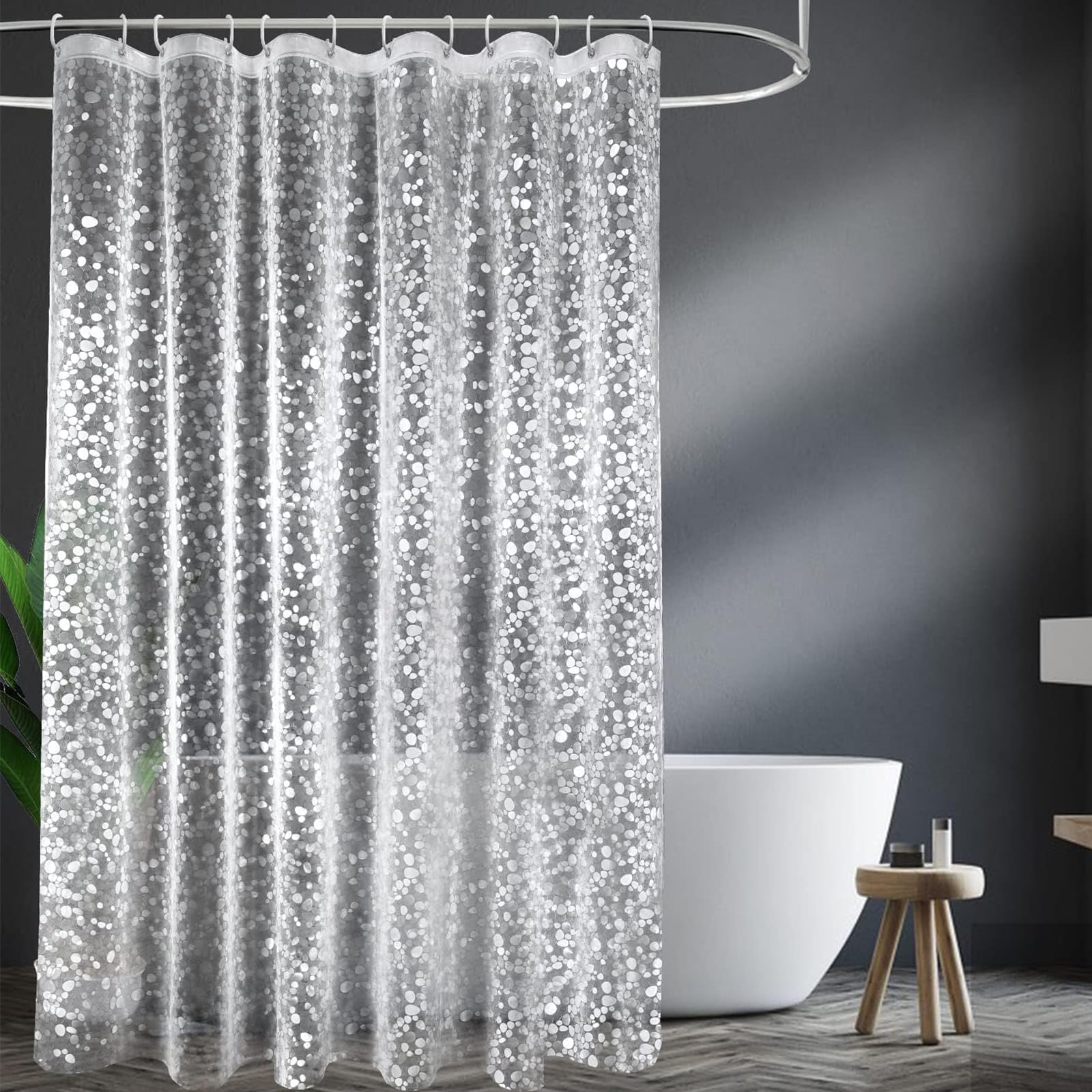 PEVA Shower Curtain 180x180cm,Heavy Duty Plastic 3D Clear Pebble Weighted Shower Curtains Mould Proof Resistant Waterproof Bath Curtains with 12 Hooks for Wet Room,Bathroom,Shower Stall,Bath Tub