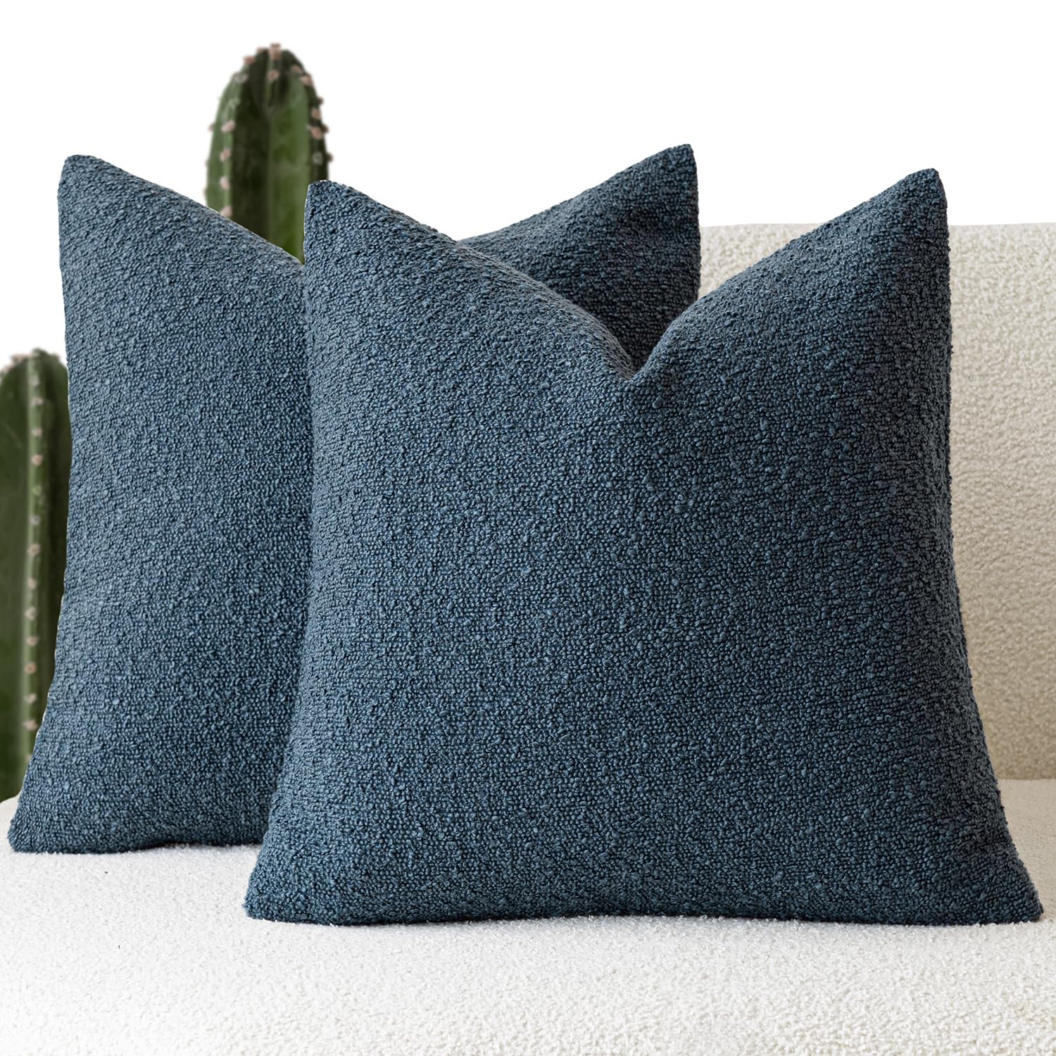 Photo 1 of Foindtower Set of 2, Decorative Textured Boucle Throw Pillow Covers Accent Solid Pillow Cases Neutral Soft Cozy Couch Cushion Case for Chair Sofa Bedroom Living Room Home Decor 26 x 26 Inch Blue
