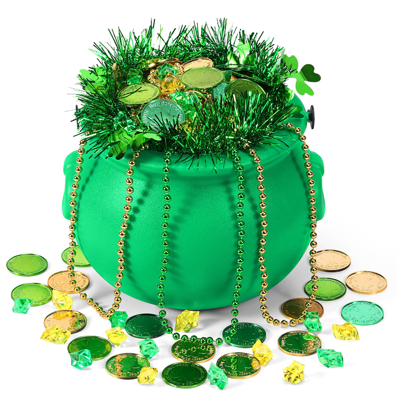 Photo 1 of Sratte 308 Pcs St Patrick's Day Candy Cauldron Kettle with Handle Set Pot of Gold Shamrock Gold Green Coin Gem Leprechaun Clover Necklace Lucky Plastic Jewelry Treasure (Green, 7.87 x 5.91 In)