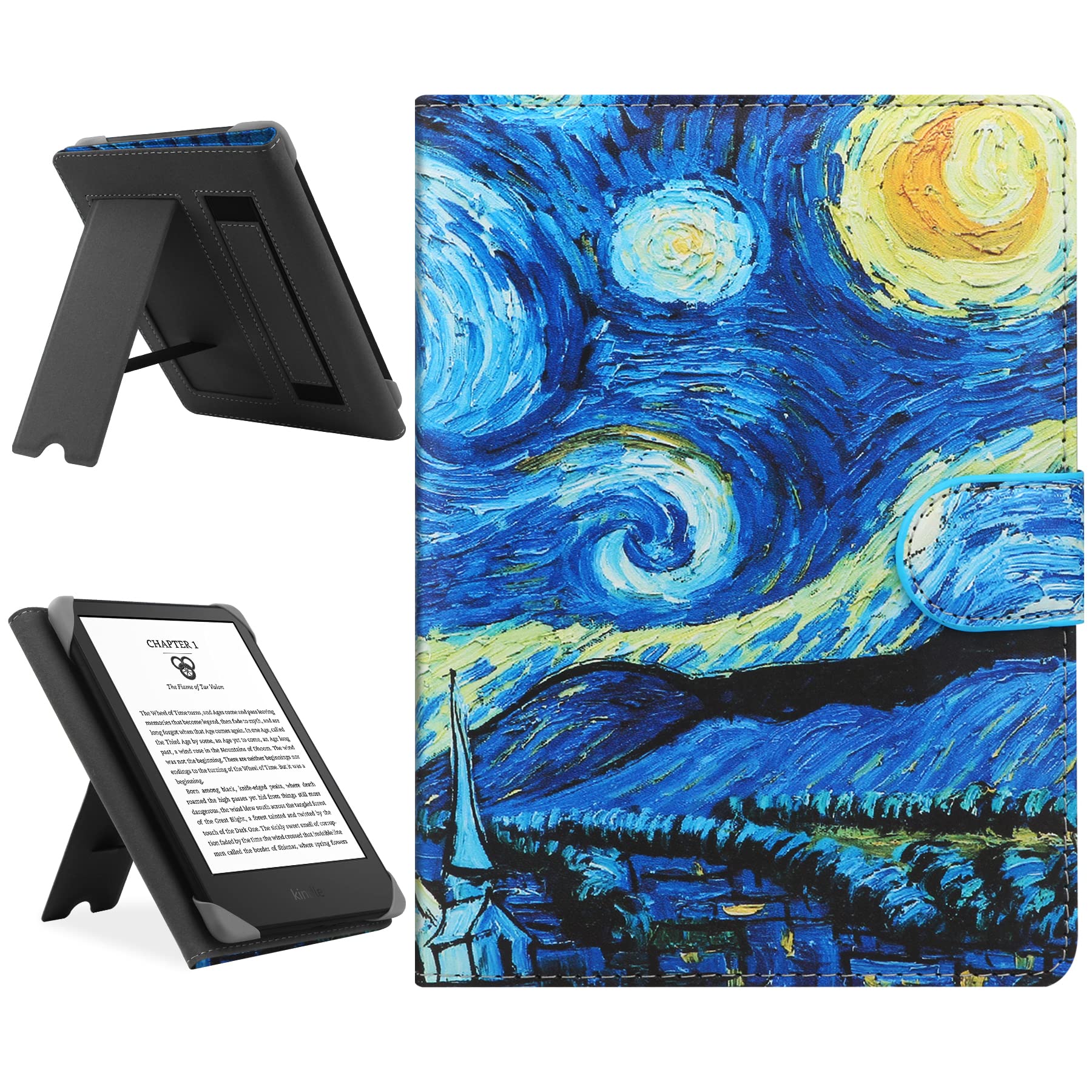 HoYiXi Universal Case Compatible with 6.8" Kindle Paperwhite/6" All-new Kindle 2022&2019/Kobo Clara HD/Kobo Clara 2E Leather Stand Cover for 6-6.8'' PocketBook/Tolino/Sony E-Book Reader, Starry Night