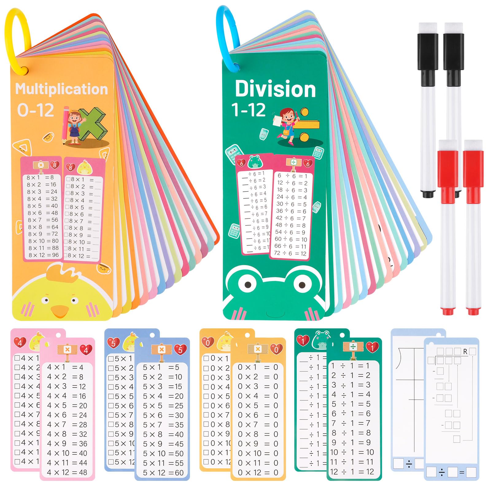Photo 1 of PEASUG Multiplication and Division Flash Cards 30 Pcs, 0-12 Math Flash Cards with 4 Dry Erase Pens 2 Rings, Educational Time Table Flash Cards for 1st-3rd Graders Multiplication Game