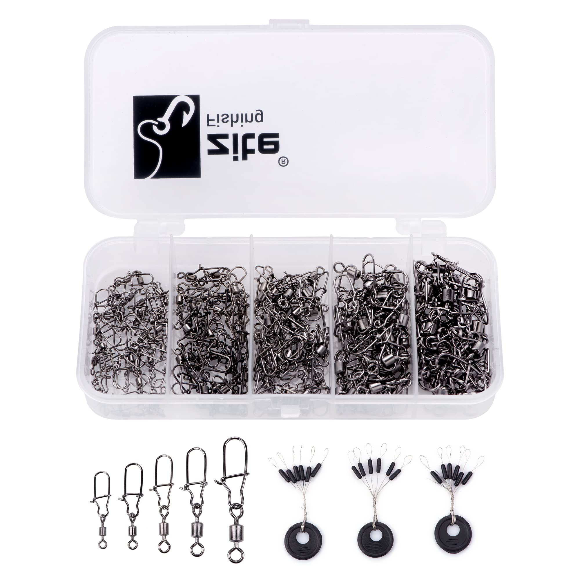 Zite Fishing Safety Swivel Set 150 Pieces in Box - Swivel with Carabiner Snaps Assortment of sizes 2 4 6 8 10