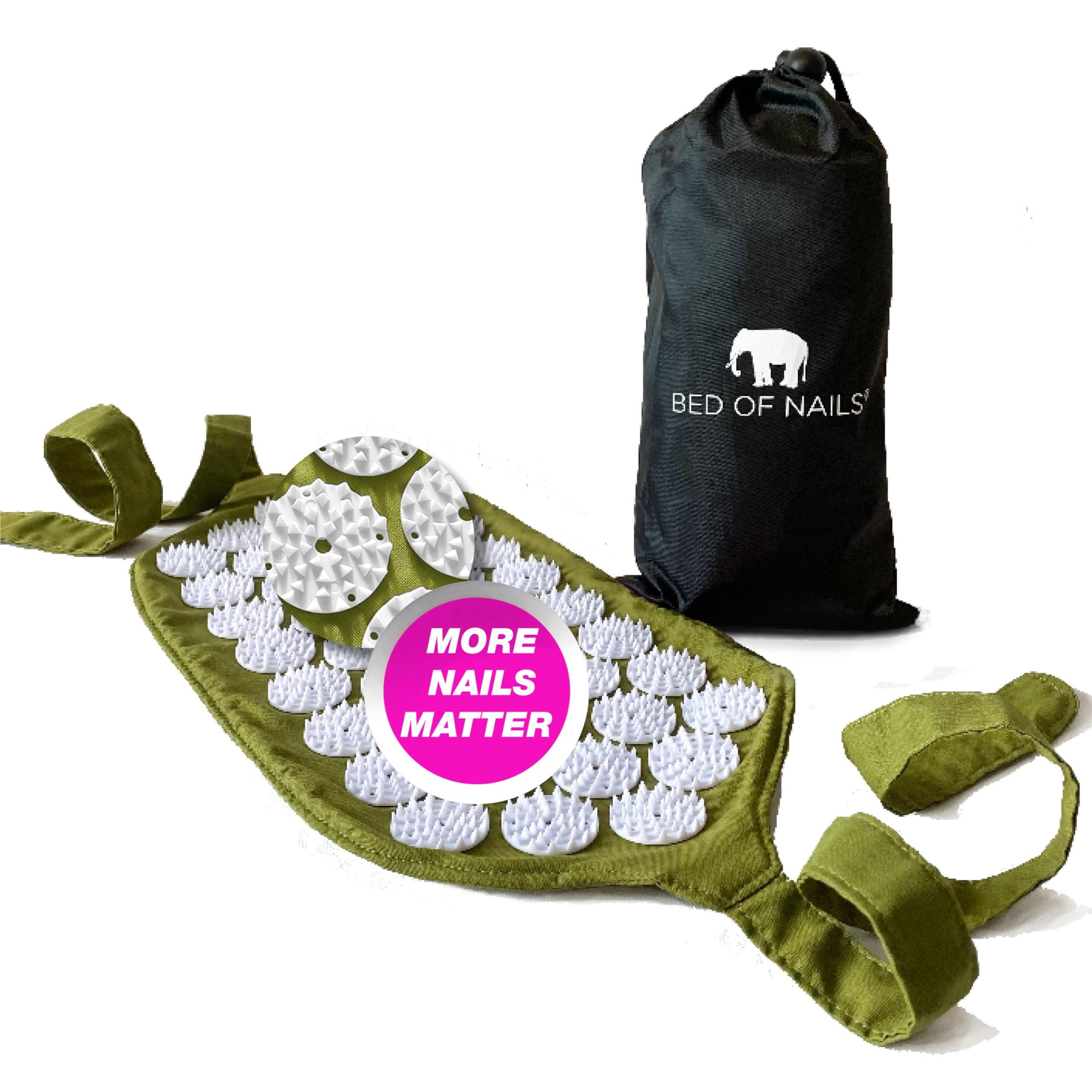 BED OF NAILS the Comfortable Acupressure Strap — Mini Acupuncture Mat, 1,848 Nails, On-the-Go Back Pain Relief Acupressure Mat —Wellness Gifts for Women and Men - With Carry Bag- 38 x 20cm, Green