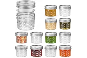 FRUITEAM 4 oz 12 PACK Mini Mason Jars with Lids and Bands, Quilted Crystal Jars Ideal for Spice, Honey, Jam, Body Butters, Jelly, Wedding Favors, DIY Candles Decor