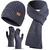 floconssy Men's Scarf Hats Gloves Sets Winter Gifts, 3 PCS Fleece Lined Beanie Warm Long Scarves for Cold Weather Christmas
