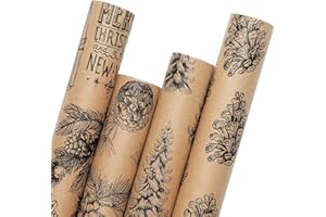 YANGTE Vintage Christmas Wrapping Paper Rolls, Brown & Black Wrapping Paper Christmas with Twine and Greeting Cards, 4 Rolls Holiday Gift Wrapping Paper, 17 x 120 inch per Roll