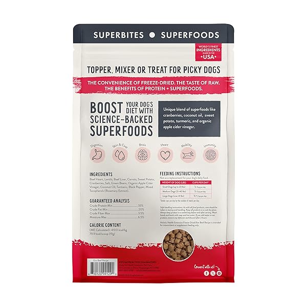 HEALTH EXTENSION SUPERBITES FREEZE-DRIED RAW BEEF MEAL MIXER FOR DOGS, (12 OZ, 340.2 G) – PREMIUM BLEND WITH RAW PROTEINS AND SUPERFOODS FOR OPTIMAL NUTRITION