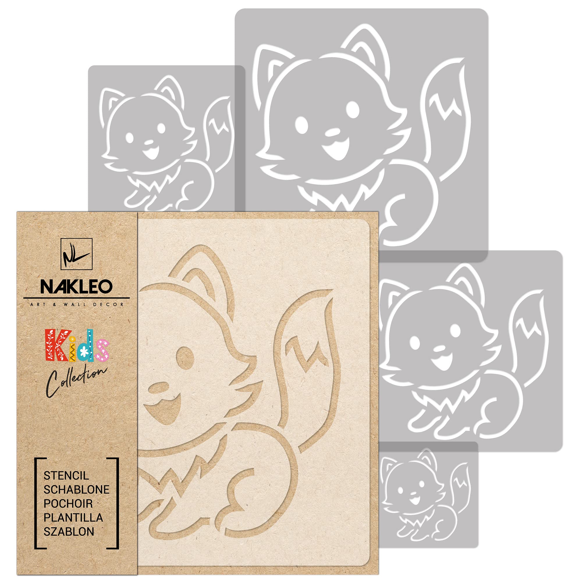 NAKLEO Painting Stencils Set for Nursery Room, 5 Pcs Templates 9x9 to 34x34cm Fox Reynard Aniimal, Plastic and Reusable Drawing Stencils, Decor, Craft DIY Wall Furniture