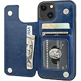 ONETOP Compatible with iPhone 13 Wallet Case with Card Holder, PU Leather Kickstand Card Slots Case, Double Magnetic Clasp Durable Shockproof Cover 6.1 Inch(Blue)