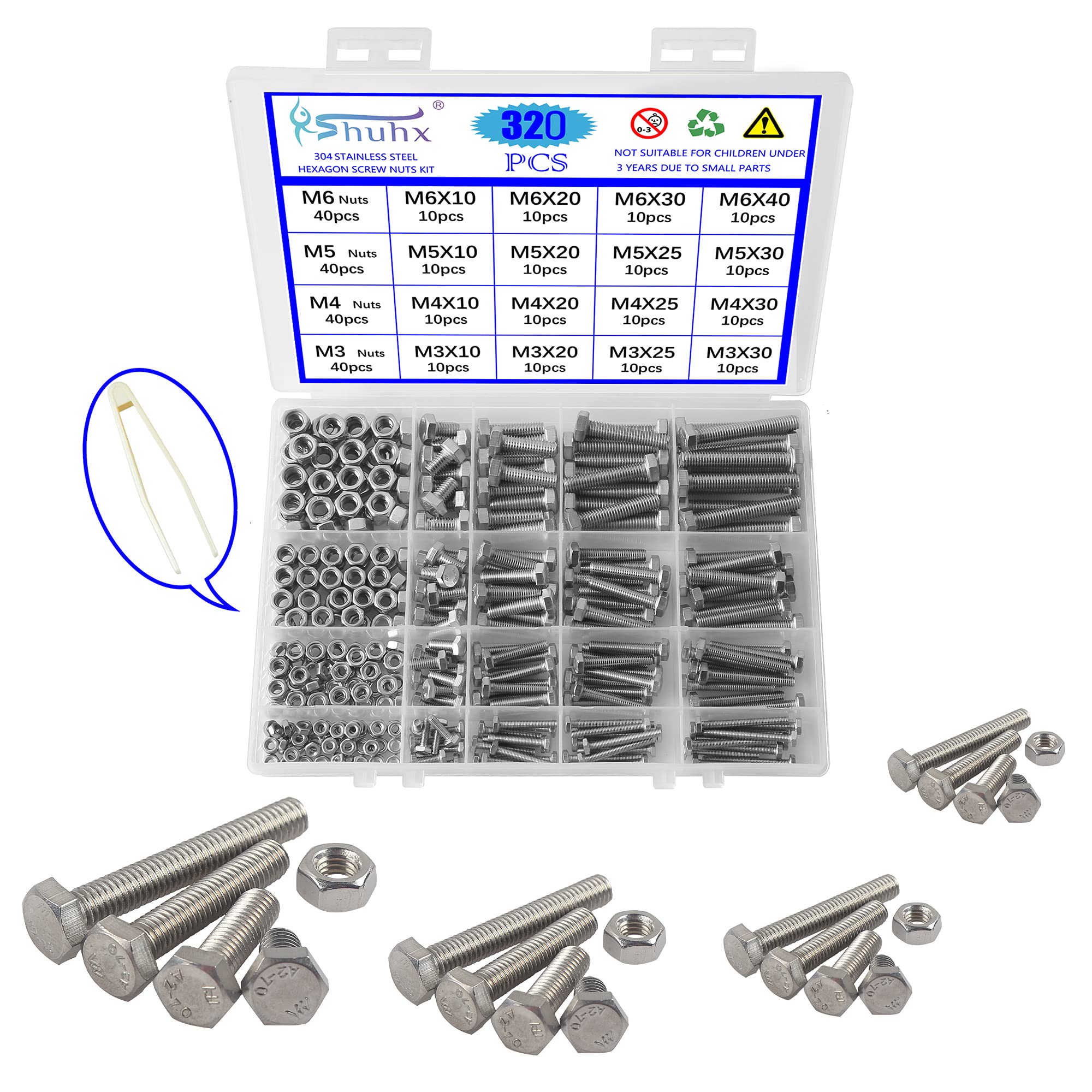 Rshuhx M3 M4 M5 M6 Nuts and Bolts Outer Corner Hexagonal Screw 304 Stainless Steel Hex Bolt Assortment Kit with Storage Box For DIY Industry Mechanical — image 1