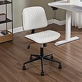 VipDesk Small Home Office Chair - Armless Mid Back Desk Chair with 360° Swivel and Wheels, PU Upholstered Height Adjustable Modern Walnut Computer Chair for Home, Office Meeting Room - White