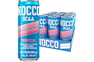 NOCCO BCAA Energy Drink Tropical Flavor - 12 Fl Oz (Pack of 12) - 180mg of Caffeine, Sugar Free Energy Drinks - Carbonated & Low Calorie, BCAAs, Vitamin B6, B12, & Biotin - Grab & Go Performance Drink