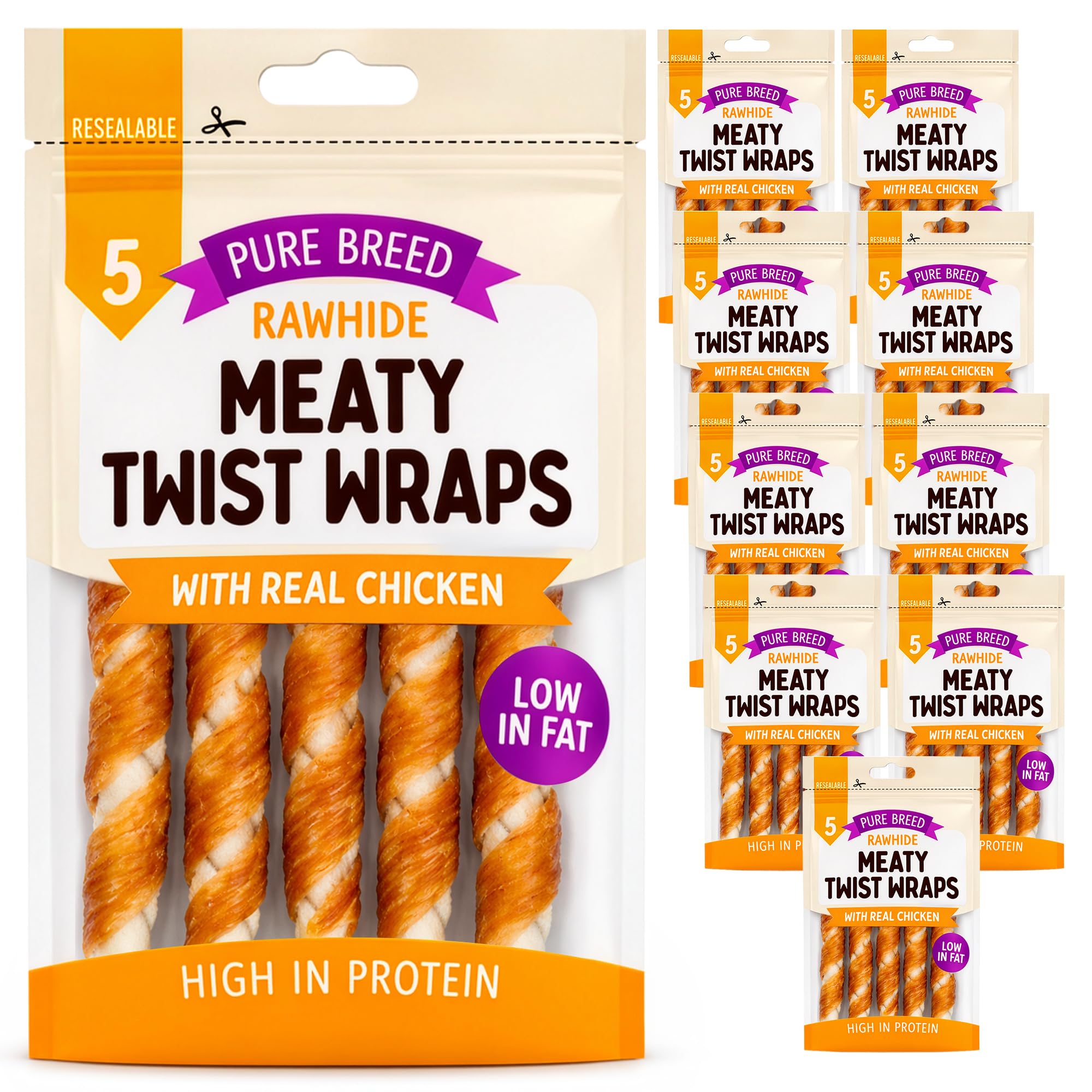 SOL 50pk Meaty Twist Wrap Delicious Dog Treats, Twist Rawhide Sticks in Savoury Chicken Flavour, Puppy Chews for Reward & Training, Low Fat, High Protein Dog Chew Sticks Convenient for Travel & Walks