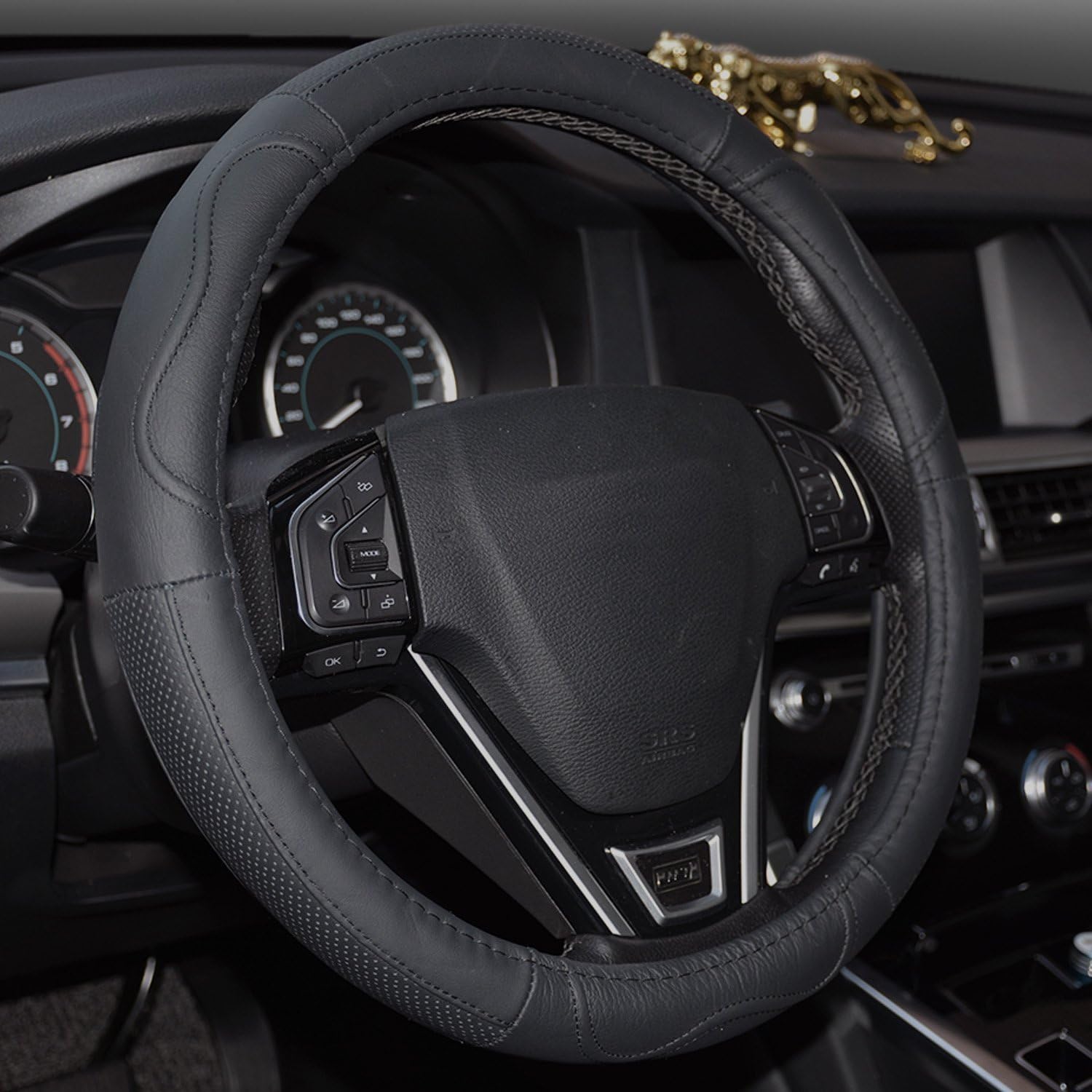 Leather Steering Wheel Cover,Xingzhao Genuine Leather Beige Steering Wheel Cover Universal Fit 38cm/15inch(Black)