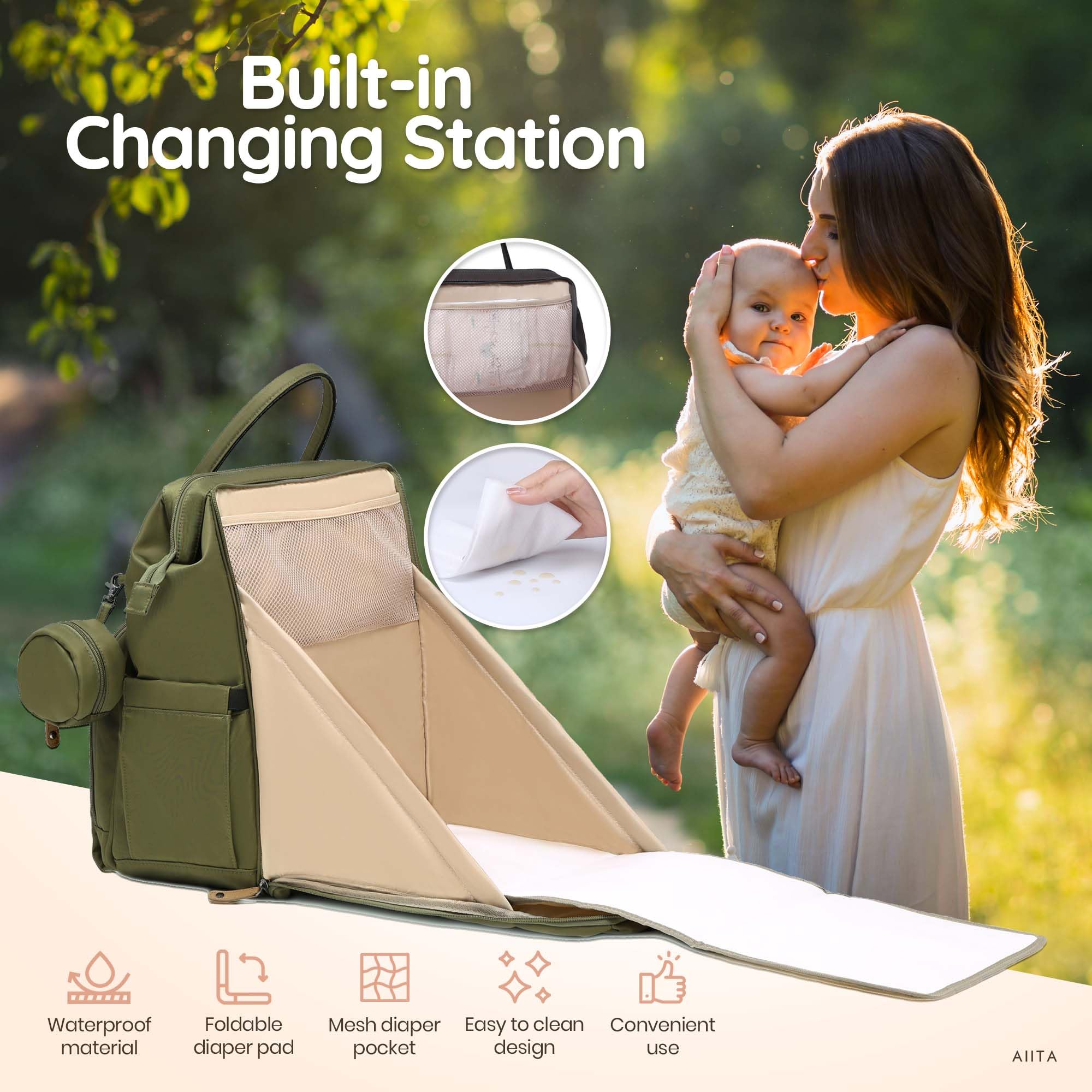 AIITA Diaper Bag Backpack, Multifunction Diaper Bag with Changing Pad, Baby Diaper Bags for Boys Girls, Stylish Large Capacity Travel Backpack for Moms Dads, Baby Shower Gifts,Unisex – Olive Green