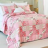 Cmfshape Garden Floral Quilt Bedspread King Size,3 Piece Patchwork Pink Quilt Set with 2 Pillow Shams,Summer Bedding Set for Girls Women,Soft Lightweight Bed Coverlet for All Seasons(King106x96 Pink)