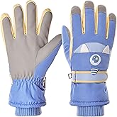 Jikuzfu Kids Touchscreen Ski Gloves Children Waterproof Winter Snow Gloves with Grip, Unicorn Monster Design, Anti-Loss Clip for Boys & Girls