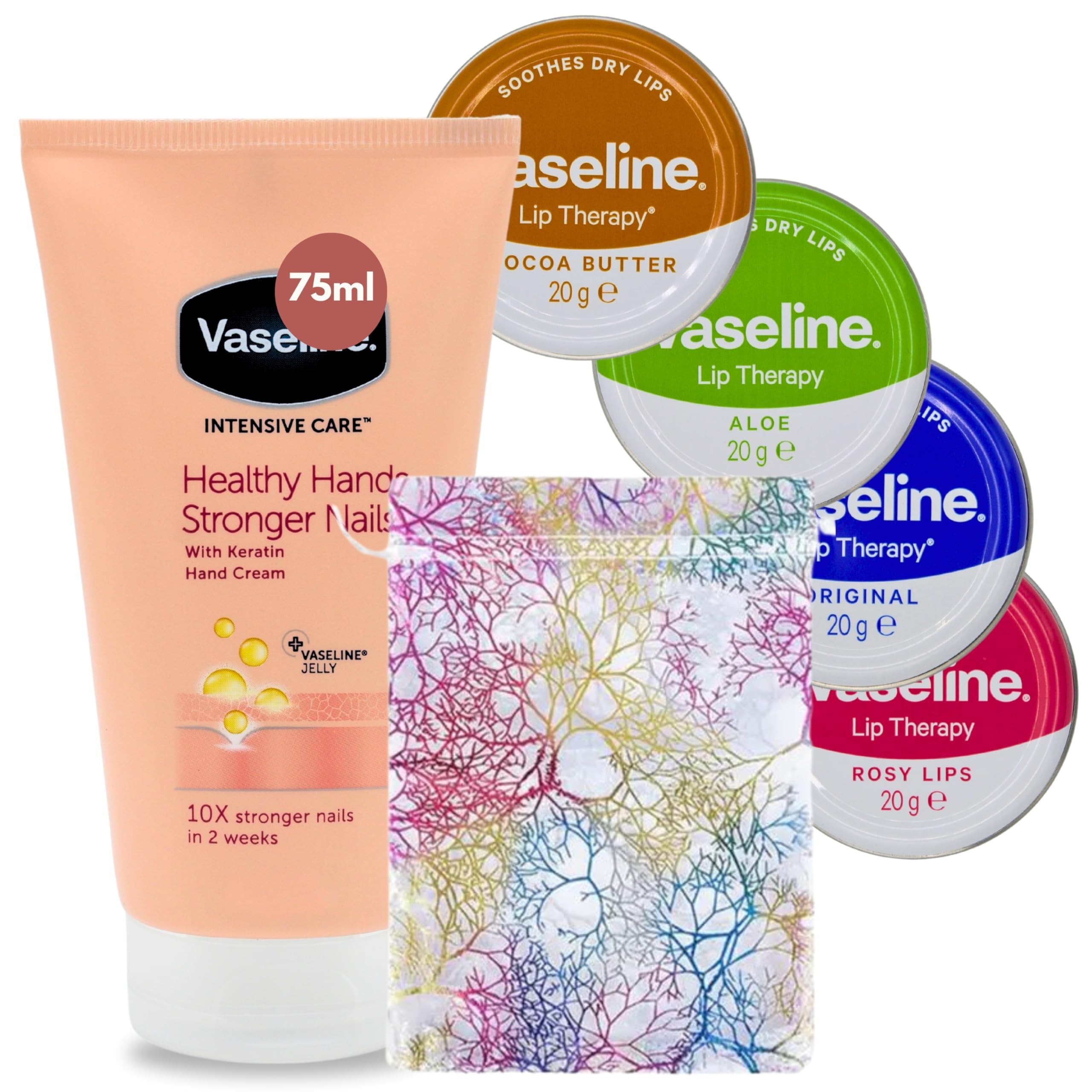 Lip Balm Bundle with Lip Therapy 4 x 20g (Original, Rosy Lips, Cocoa Butter, Aloe) Lip Balm Set and 1 x Hand Cream 75g with Glameno Drawstring Organza Bag