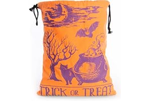 HAUNTLOOK Halloween Trick or Treat Candy Bag | Washable Canvas Tote Bag | Drawstring Bag for Halloween Candy | Cauldron